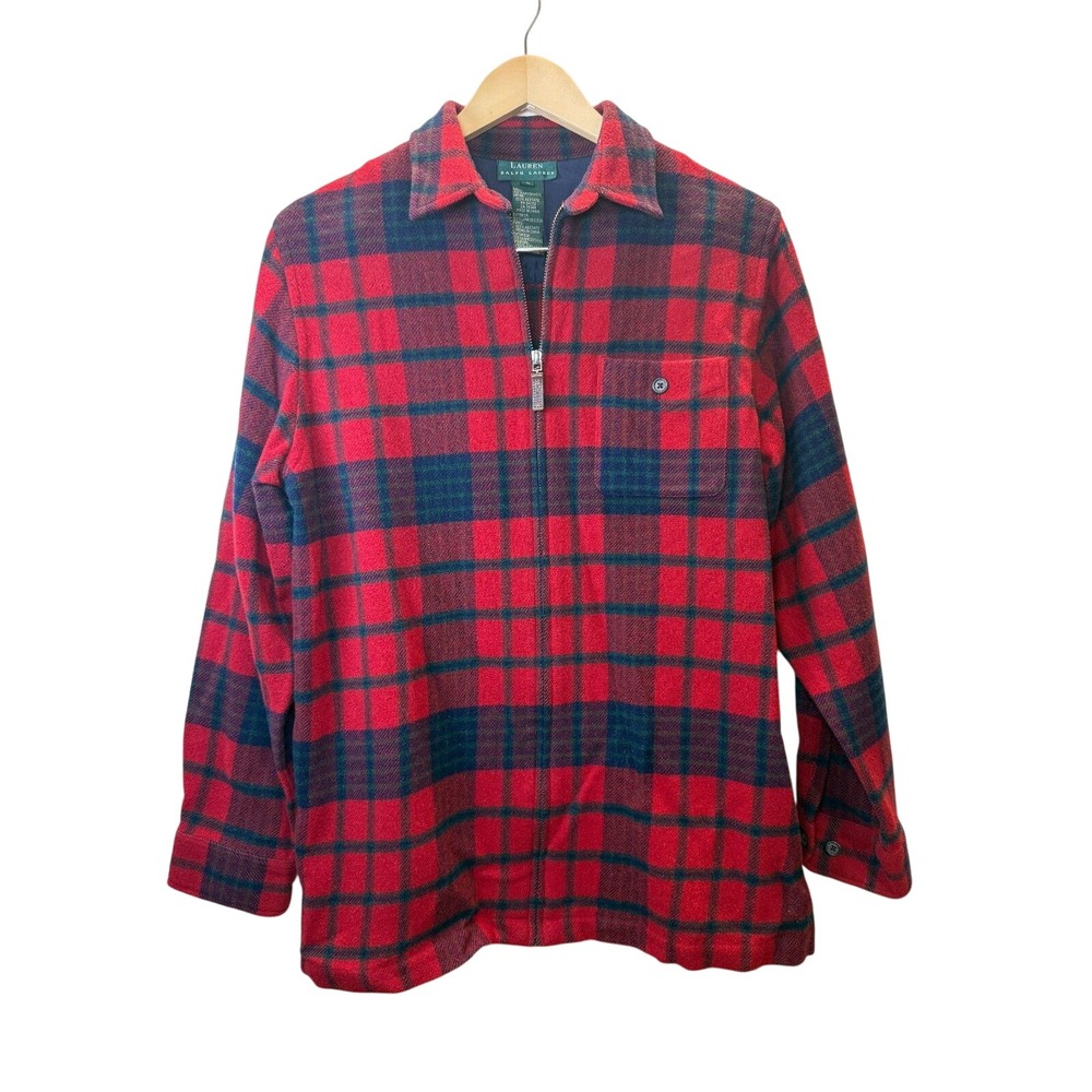 Lauren Ralph Lauren Zip Up Jacket Womens Large Red Plaid Lambswool Lined Coat